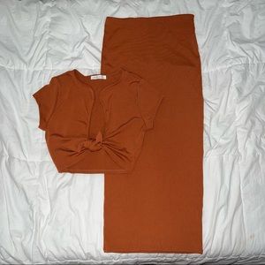 Brown ribbed two-piece body con skirt set